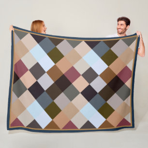 Brown Gray Dark Mauve Taupe Squares Mosaic Pattern Fleece Blanket