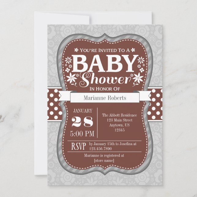 Brown Gray Floral Flower Baby Shower Invitation (Front)