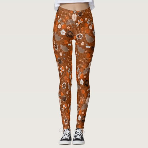 Brown  Gray Floral Womens Leggings