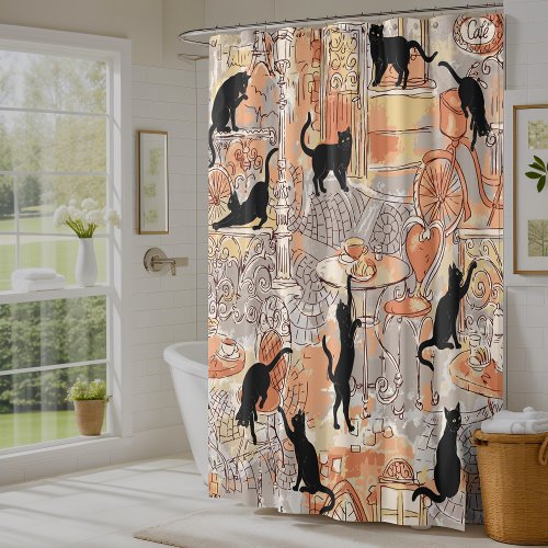 Brown Gray French Cat Paris Cafe Shower Curtain