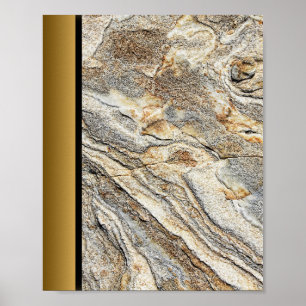 Brown Gray Marble Stone / Black Gold Border Art Poster