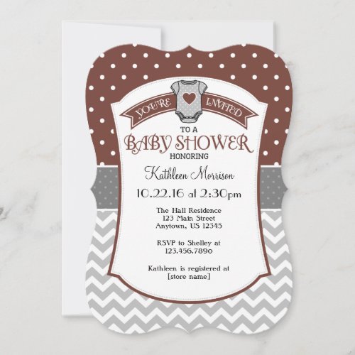 Brown Gray Polka Dot Chevron Baby Shower Invite