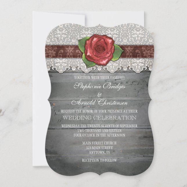 Brown Gray Rustic Wood Rose Wedding Invite (Front)
