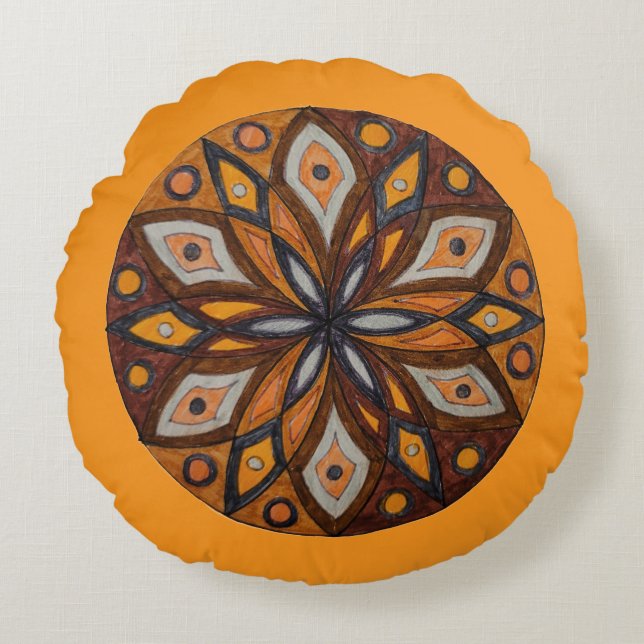 Brown/Gray Starburst Mandala Round Throw Pillow (Front)