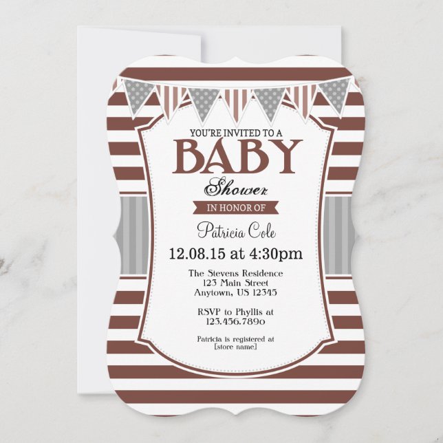Brown Gray Stripes Baby Shower Invitation (Front)