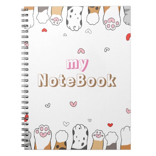 Brown Gray White  Cute Cats Paws 80 Pages BW Notebook