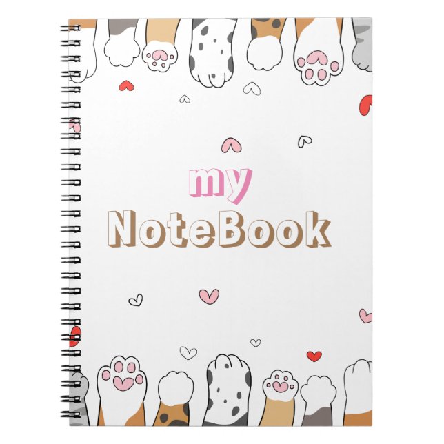 Brown Gray White  Cute Cats Paws (80 Pages B&W) Notebook (Front)