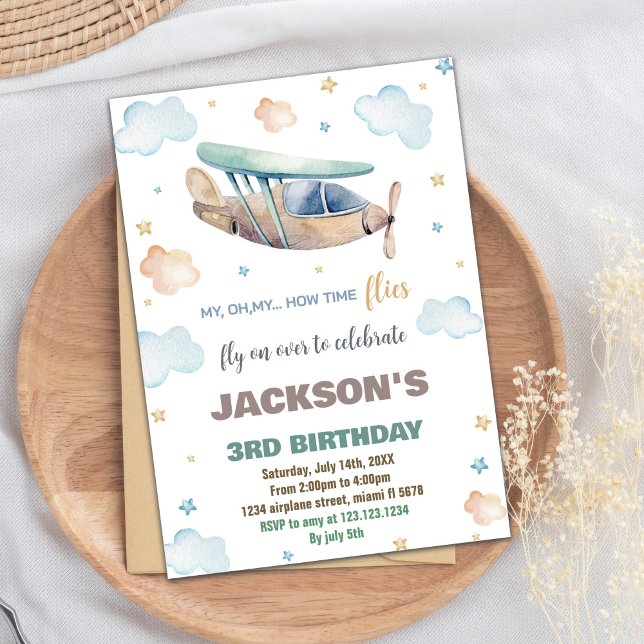 Brown Green Airplane Birthday Invitations (Brown Green Airplane Birthday Invitations)