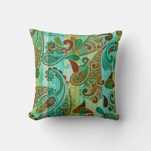 Brown Green And Blue Vintage Paisley Design Throw Pillow