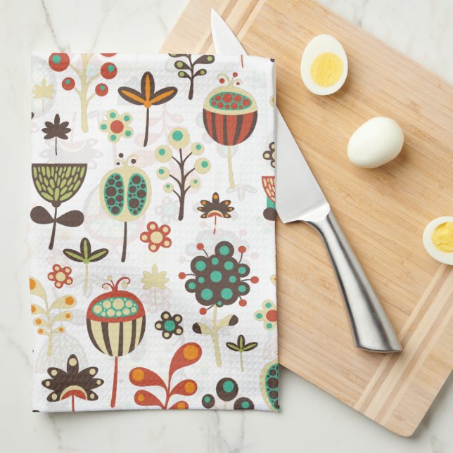 Brown Green And Red Abstract Flowers Kitchen Towel (Quarter Fold)