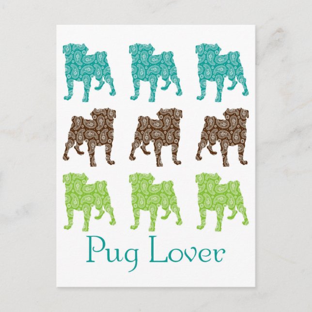 Brown, Green and Teal Paisley Pugs Postcard (Front)