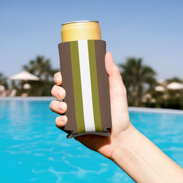 Brown, green and white stripes seltzer can cooler (In Situ Pool)