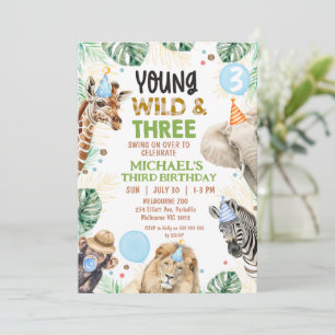 Brown Green Blue Young Wild Three 3rd Birthday Invitation