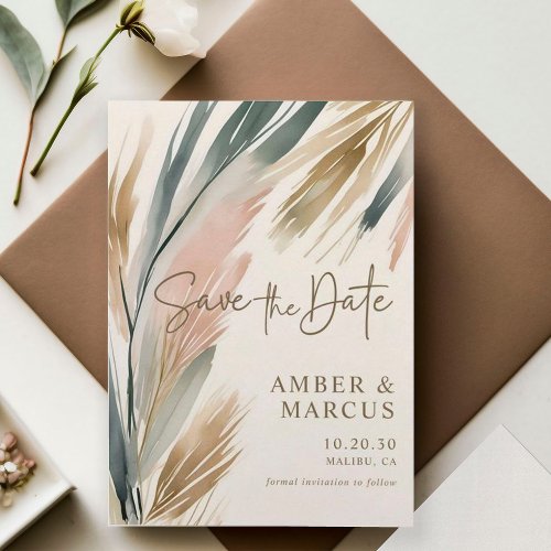 Brown Green Brushstrokes Leaves Save the Date  Invitation