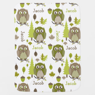 Brown + Green Chevron Owls Personalized Blanket