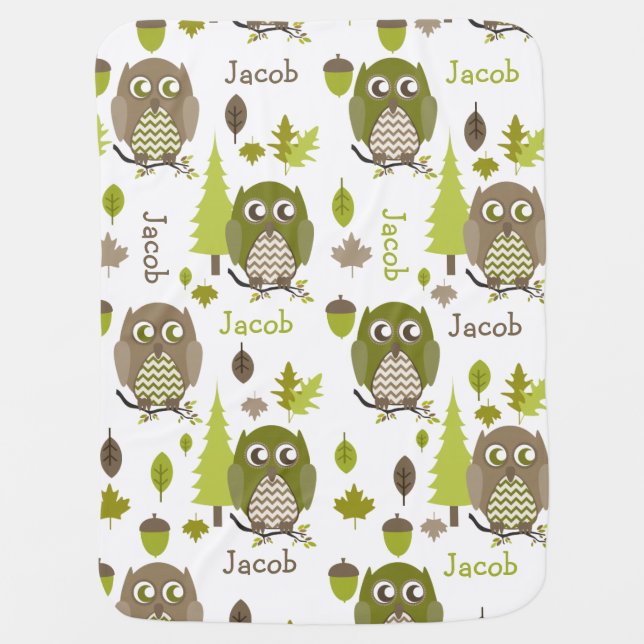 Brown + Green Chevron Owls Personalized Blanket (Front)