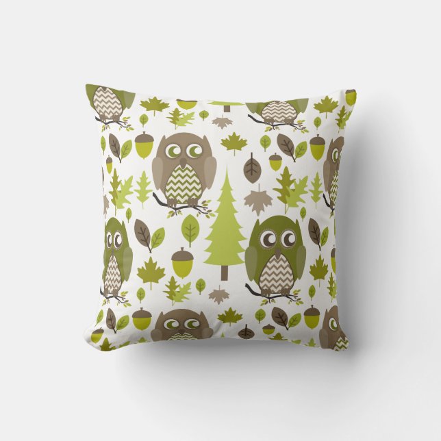 Brown + Green Chevron Owls Pillow (Front)