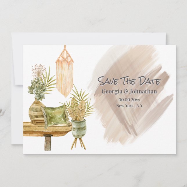 Brown green gold boho macrame country pot plants save the date (Front)