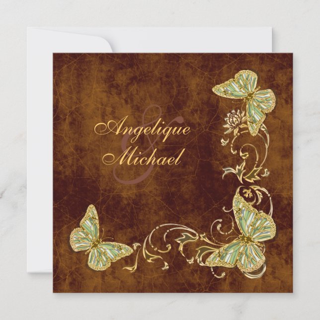 Brown green gold country wedding invitation (Front)