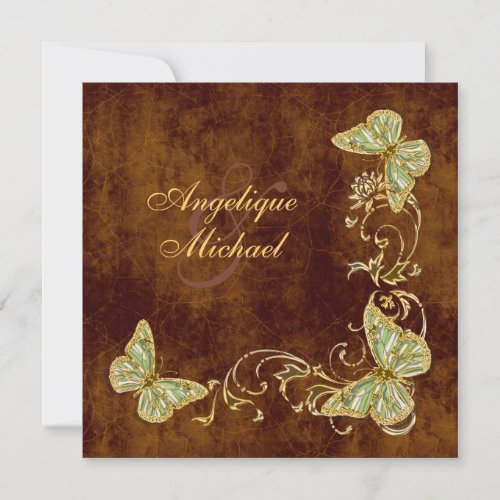 Brown green gold country wedding custom invitations