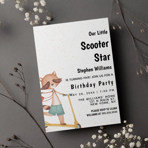 Brown green gold racoon scooter Birthday Party  Invitation