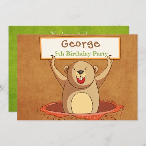 Brown Green Groundhog Party Invitation Card
