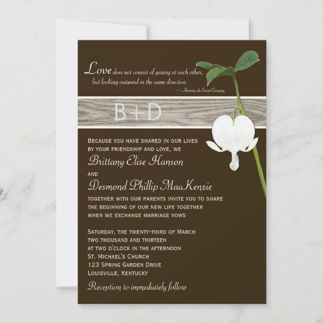 Brown Green Ivory Bleeding Heart Wedding Invite (Front)