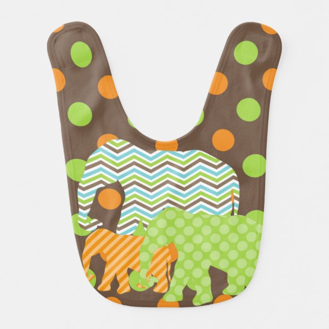 Brown, Green, Orange Elephants Bib (Front)