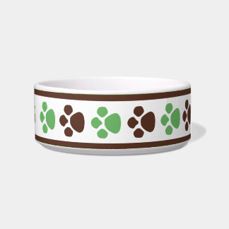 Brown & Green Paw Prints Personalized Cat Bowl