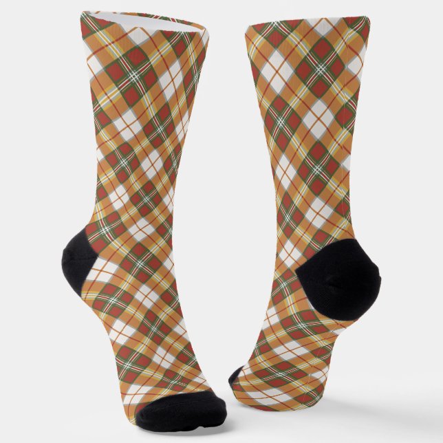 Brown Green Red White Checkered Pattern Socks (Angled)