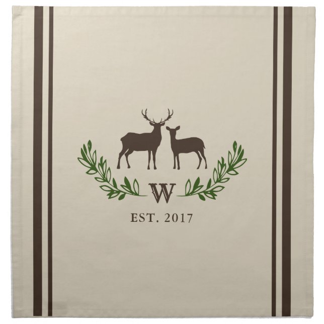Brown Green Rustic Deer Wreath Monogram Cloth Napkin (Front)