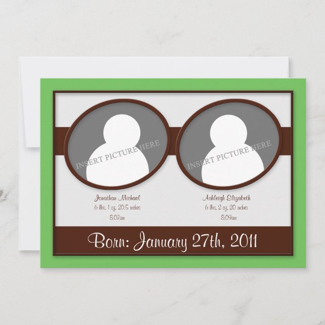 Brown Green Twins Birth Announcements (Front)