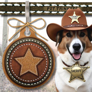 Brown Green Western Stitched Leather Star Pet ID Tag