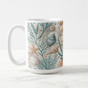 BROWN GREEN WHITE SEASHELLS AND AQUATIC FOLIAGE COFFEE MUG