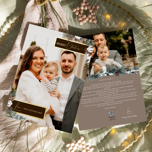 Brown Greenery Vintage Christmas Family Portrait Foil Holiday Card