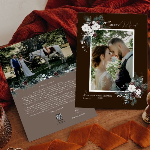 Brown Greenery Vintage Merry Married Portrait Holiday Card