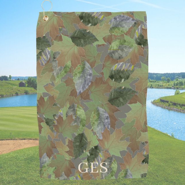 Brown Grey Leaves Custom Monogram or Name Camo Golf Towel (Creator Uploaded)