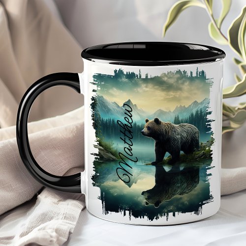 Brown Grizzly Bear Forest Reflection Mug