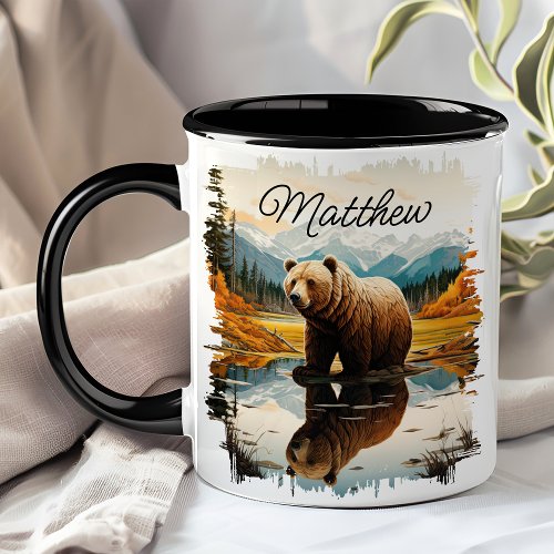 Brown Grizzly Bear Lake Mountain Reflection Mug