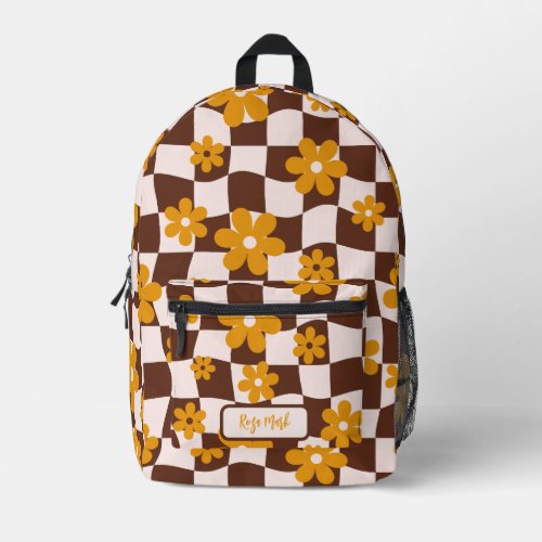 Brown Groovy Daisy Floral Checkerboard Printed Backpack