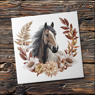 Brown Grulla Horse Autumn Wreath Ceramic Tile