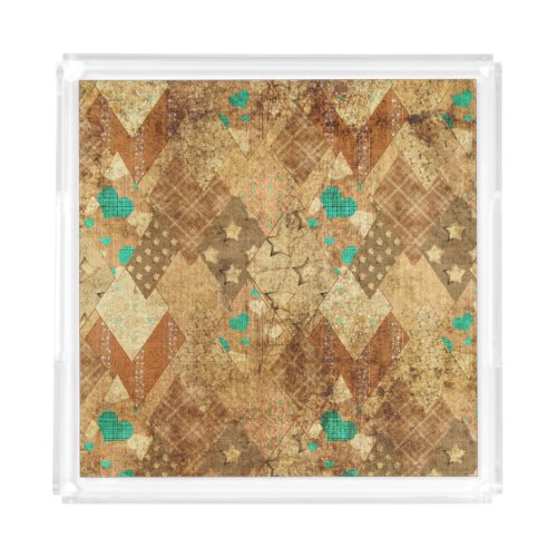 Brown Grunge Quilt Stars Hearts Acrylic Tray