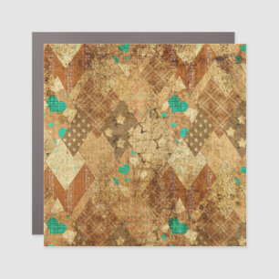 Brown Grunge Quilt Stars Hearts Car Magnet