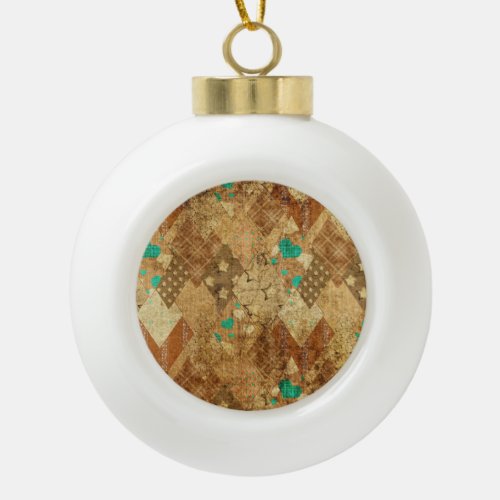 Brown Grunge Quilt Stars Hearts Ceramic Ball Christmas Ornament
