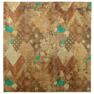 Brown Grunge Quilt Stars Hearts Cloth Napkin