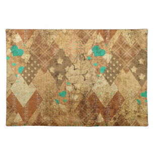Brown Grunge Quilt Stars Hearts Cloth Placemat