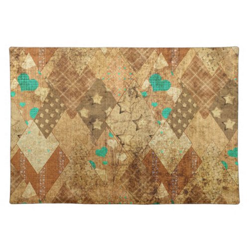 Brown Grunge Quilt Stars Hearts Cloth Placemat