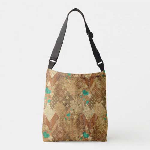 Brown Grunge Quilt Stars Hearts Crossbody Bag