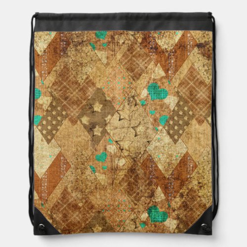 Brown Grunge Quilt Stars Hearts Drawstring Bag