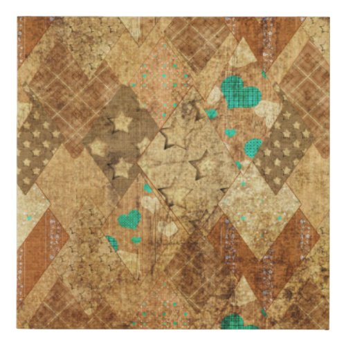 Brown Grunge Quilt Stars Hearts Faux Canvas Print